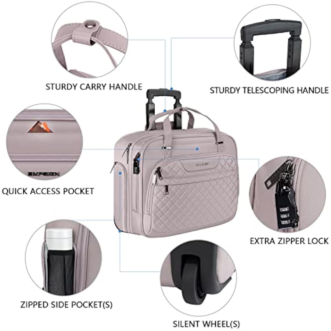 EMPSIGN Rolling Laptop Bag | 15.6 Inch Wheeled Briefcase with RFID, Pink