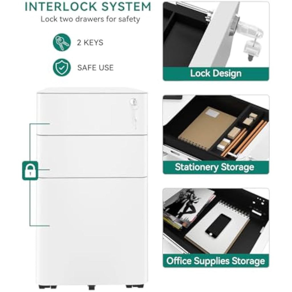 YITAHOME 3-Drawer Metal Mobile File Cabinet | Lockable White Office Storage