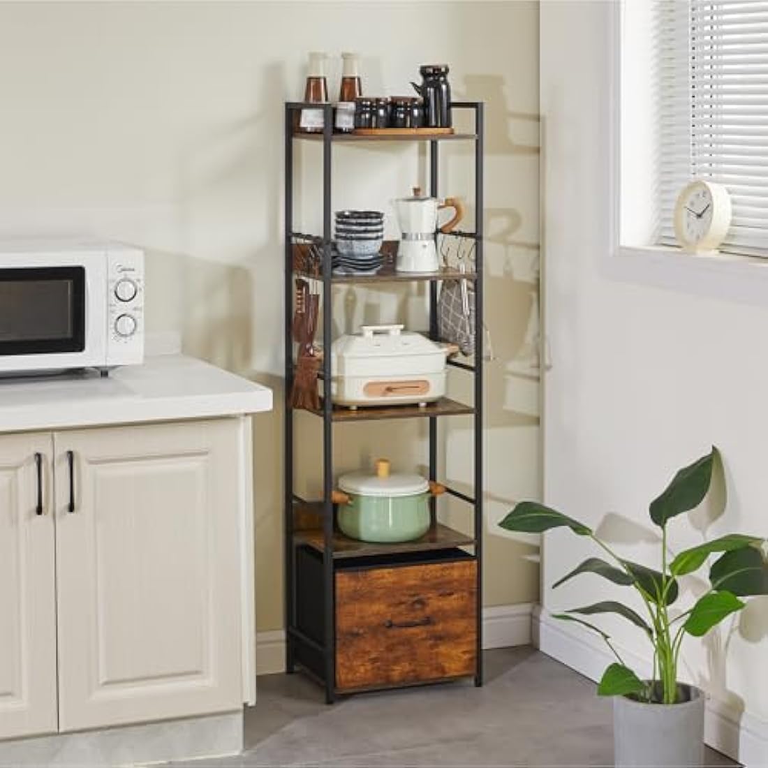 Aibiju 5-Tier Industrial Bookshelf with Fabric Drawers – Rustic Brown