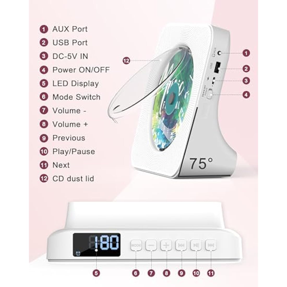 Greadio Portable Desktop CD Player with Bluetooth 5.0 and HiFi Speakers
