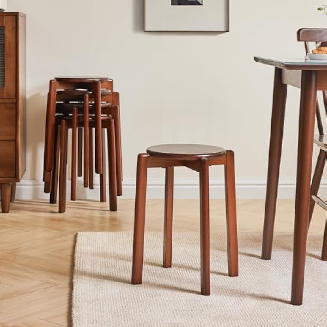 YMYNY Solid Wood Round Stool - 4pcs Stackable Dining Stools, Brown