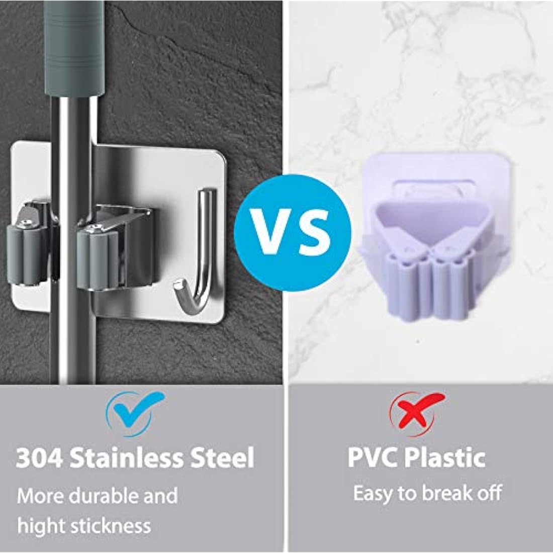 Homeasy Mop and Broom Holder – 4 Pcs Stainless Steel Wall Mounted Hanger