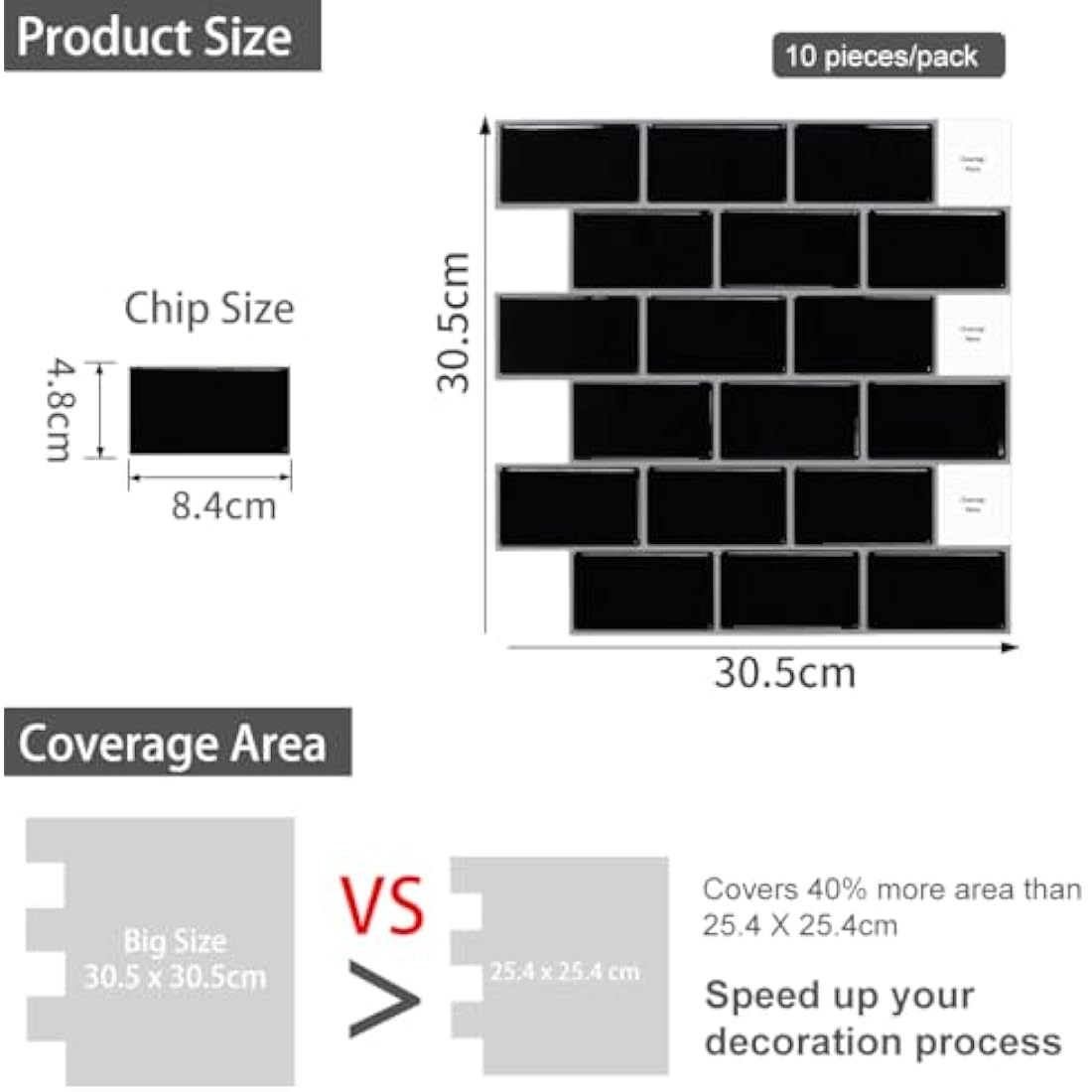 Black Subway Peel and Stick Wall Tiles - 10 Sheet Set