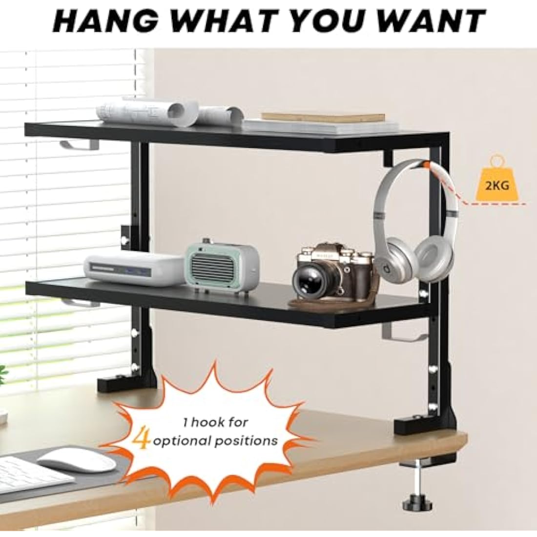 PUTORSEN 2-Tier Clamp-On Desk Shelf – Adjustable Gaming Storage, Black