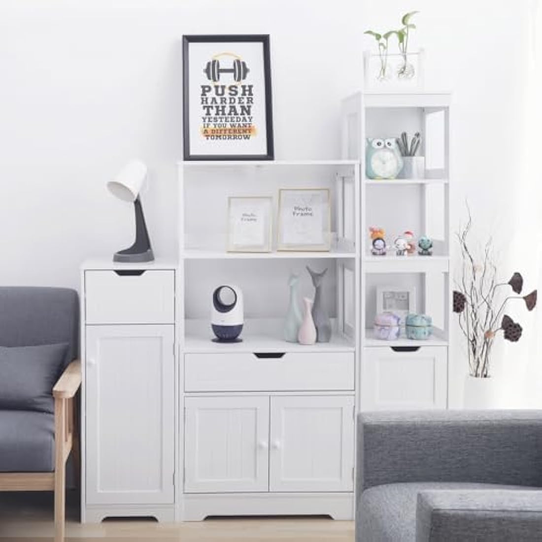Jolof Store White MDF Bathroom Floor Cabinet with Drawer and Shelves