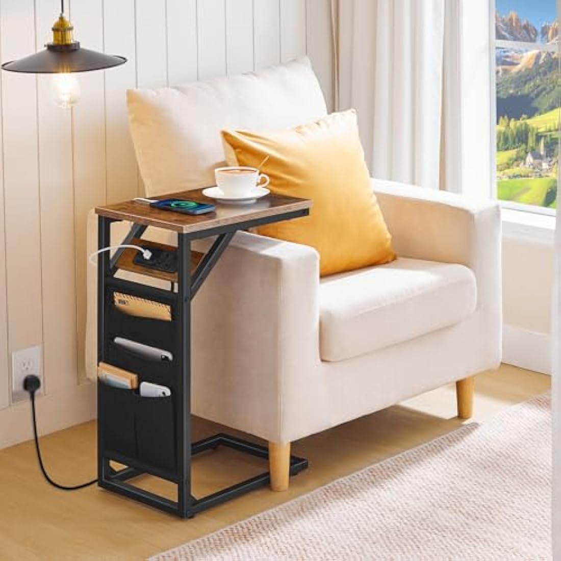 HOOBRO C-Shaped Side Table with Charging Station and Storage Bag