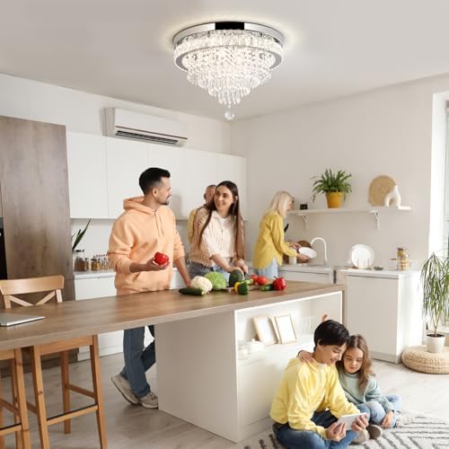 RHEAFON Modern Crystal Chandelier | Dimmable LED Flush Mount Ceiling Light
