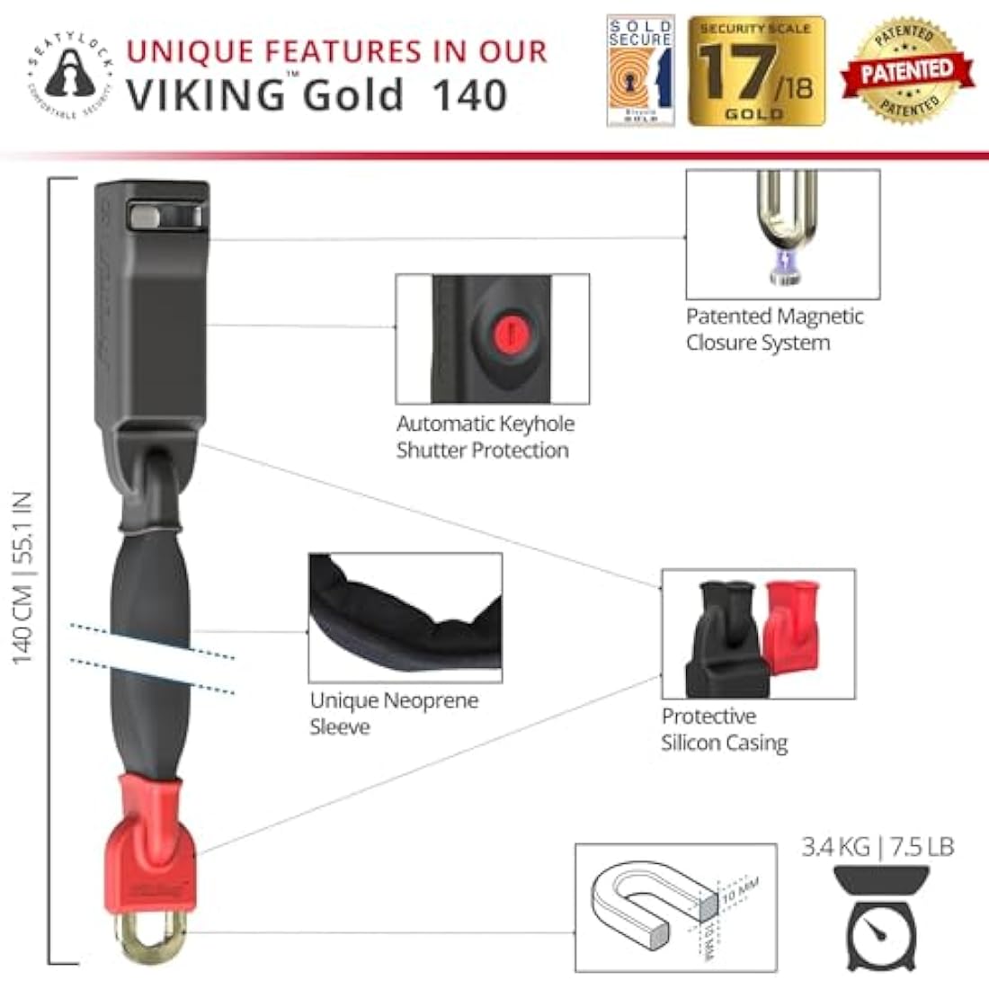 Seatylock Viking Heavy Duty Bike Chain Lock | 140cm Sold Secure Gold
