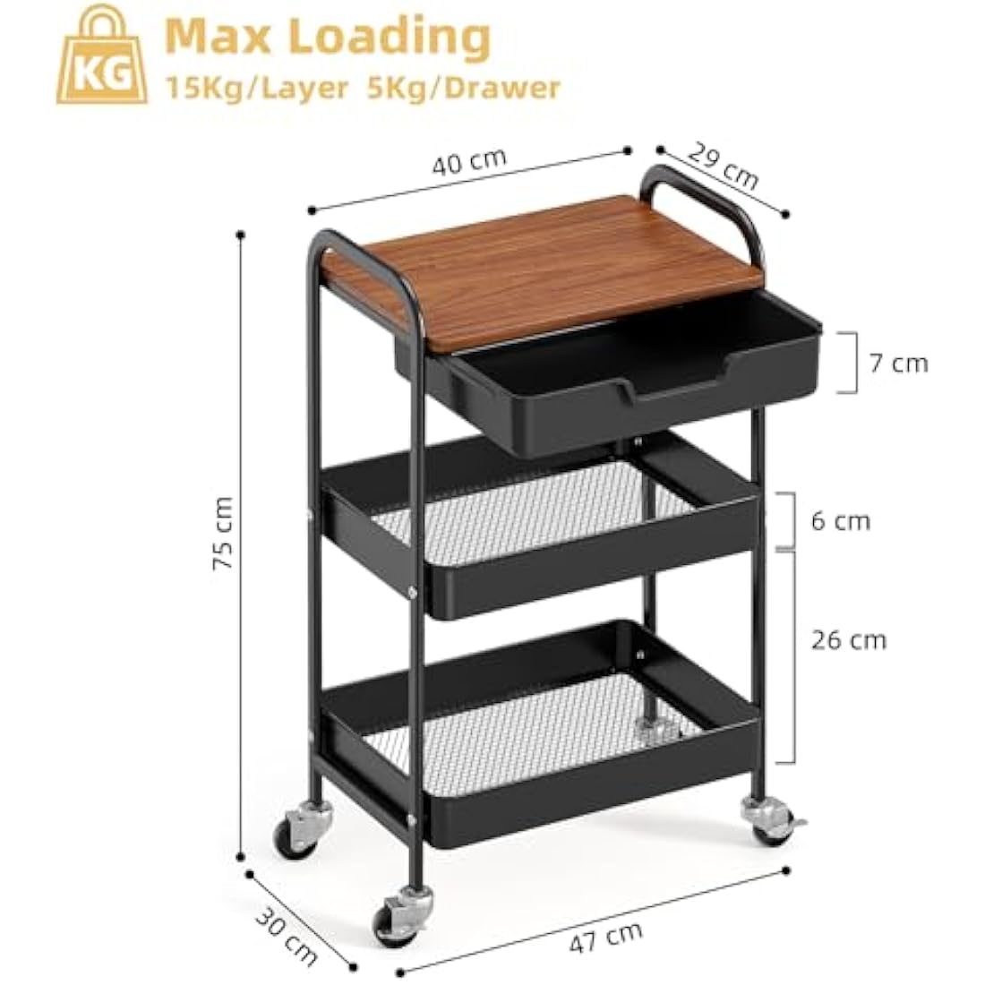 KINGRACK 3-Tier Rolling Utility Cart with Wooden Tabletop | Black