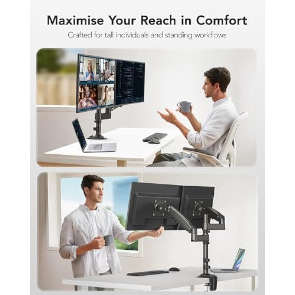 HUANUO Dual Monitor Stand – Gas Spring Height Adjustable Arm for 13-32"