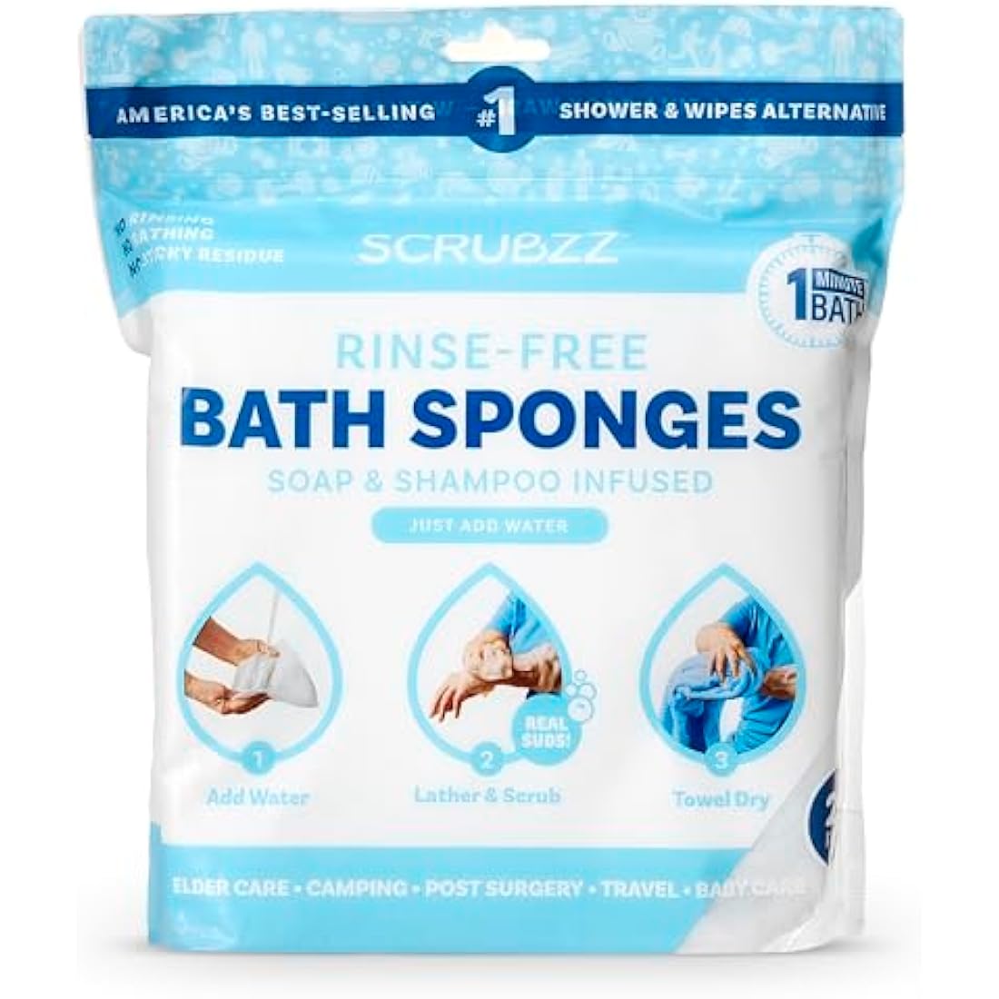 Scrubzz No-Rinse Disposable Bed Bath Wipes | Hypoallergenic 25 Pack