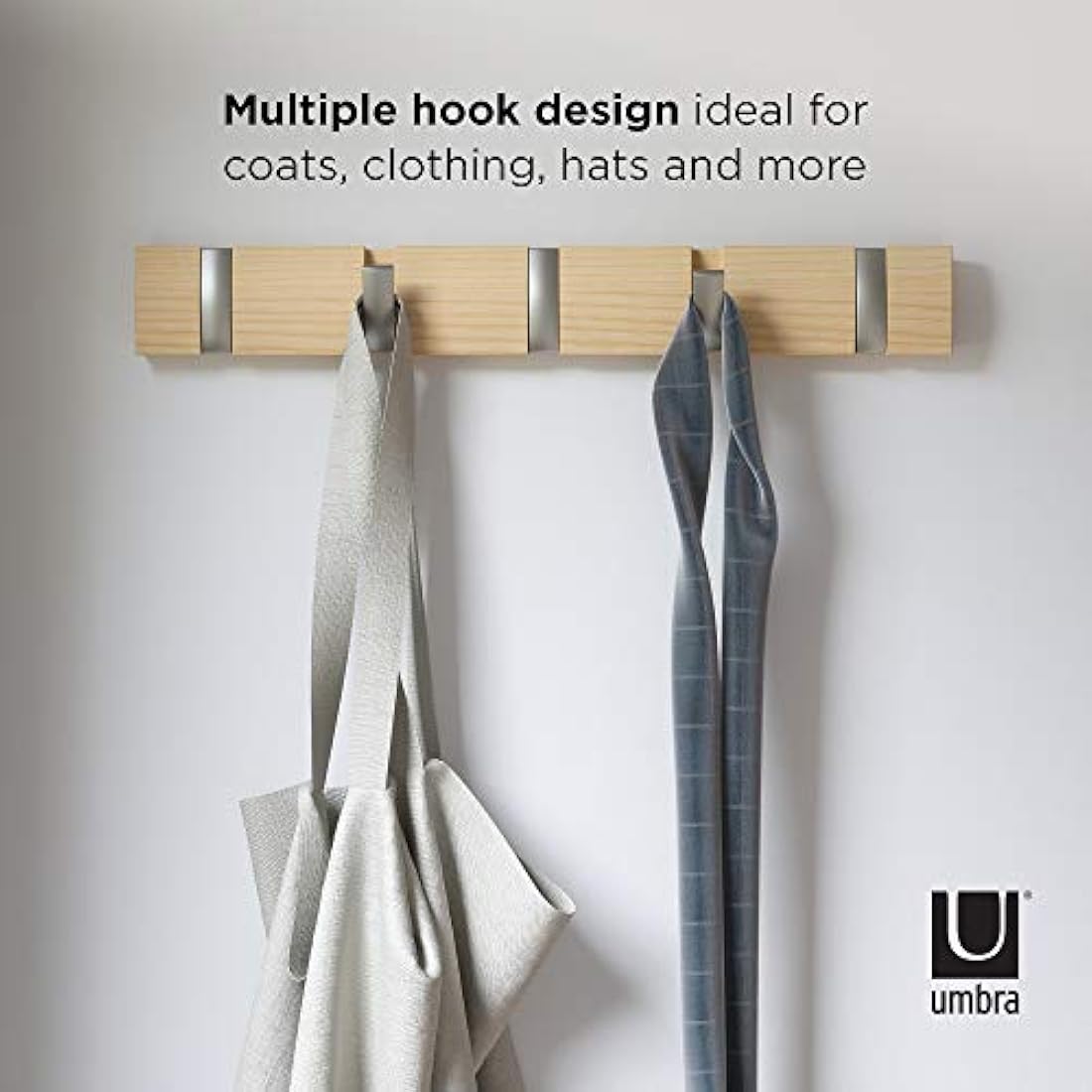 Umbra Flip 5-Hook Wall Mounted Coat Rack – Modern Natural Wood Hanger