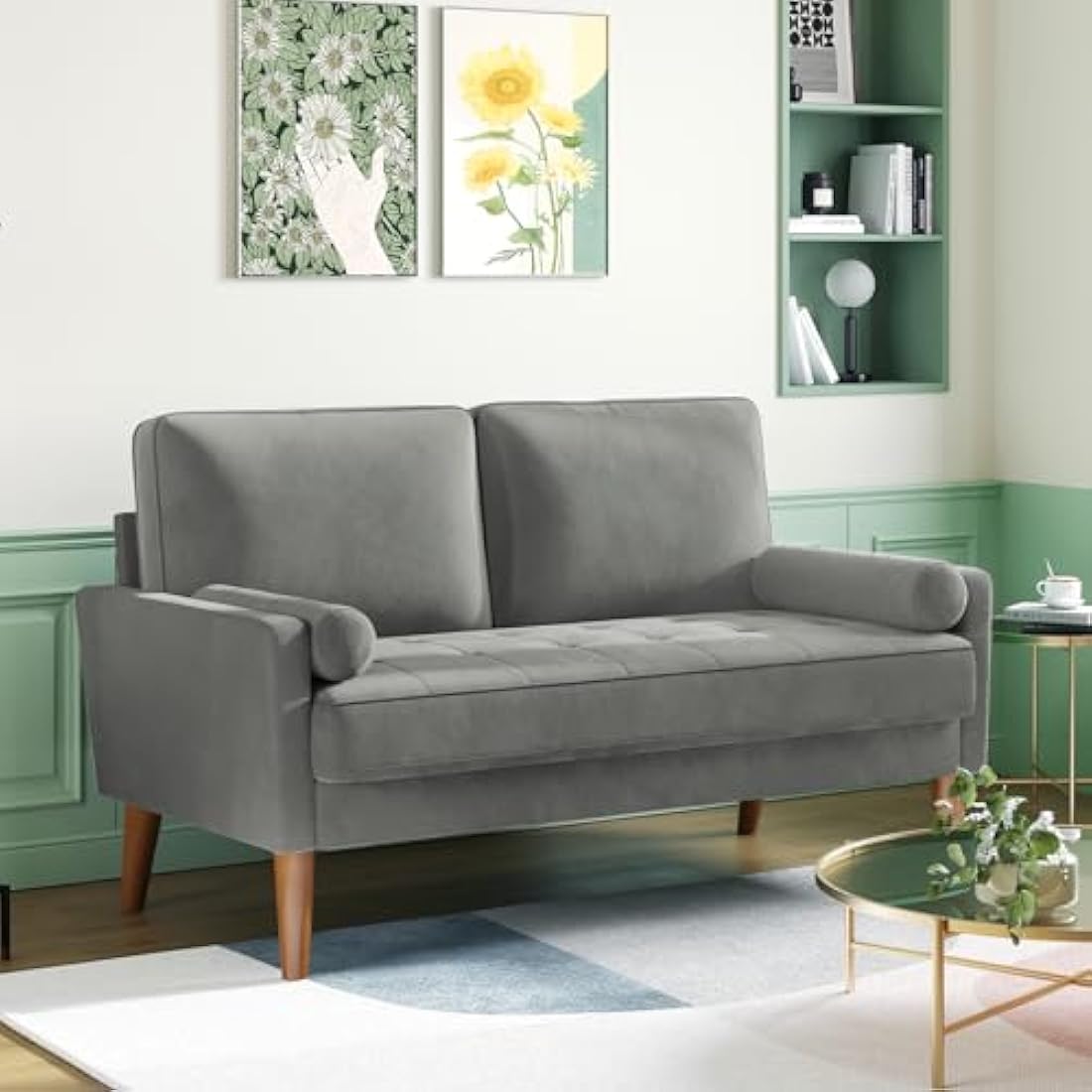 Vesgantti 2 Seater Grey Velvet Sofa – Modern Loveseat with Wood Legs