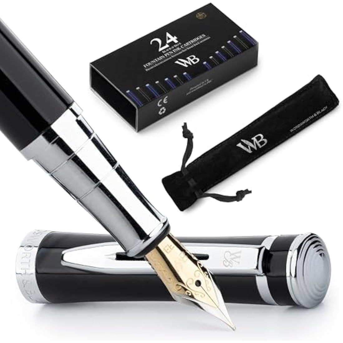 Wordsworth & Black Fountain Pen Set – Extra Fine Nib with 24 Ink Refills