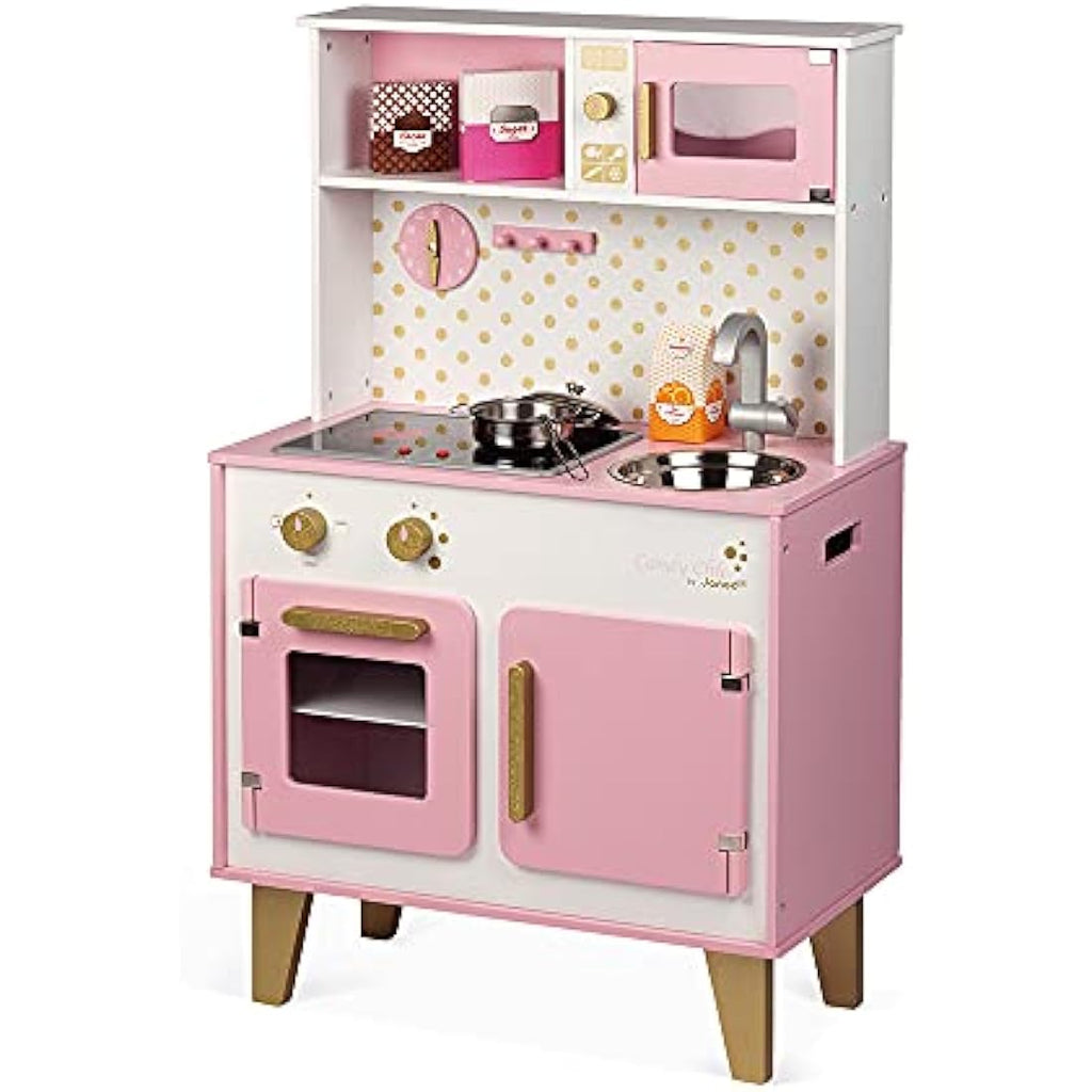Janod Candy Chic Wooden Play Kitchen – Pink Toy Cooker with Accessories