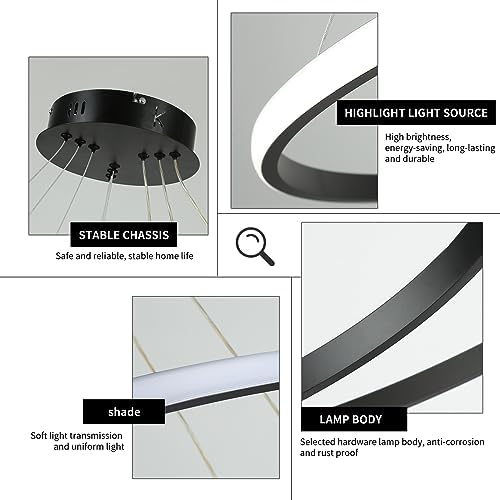 Jolof Store Modern 3-Ring LED Chandelier – Dimmable Black Acrylic Pendant