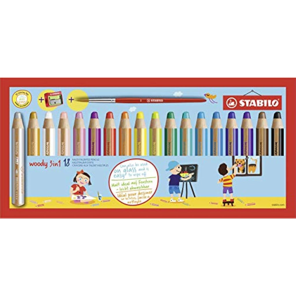 STABILO Woody 3-in-1 Watercolor Pencils - 18 Pack Assorted Colors