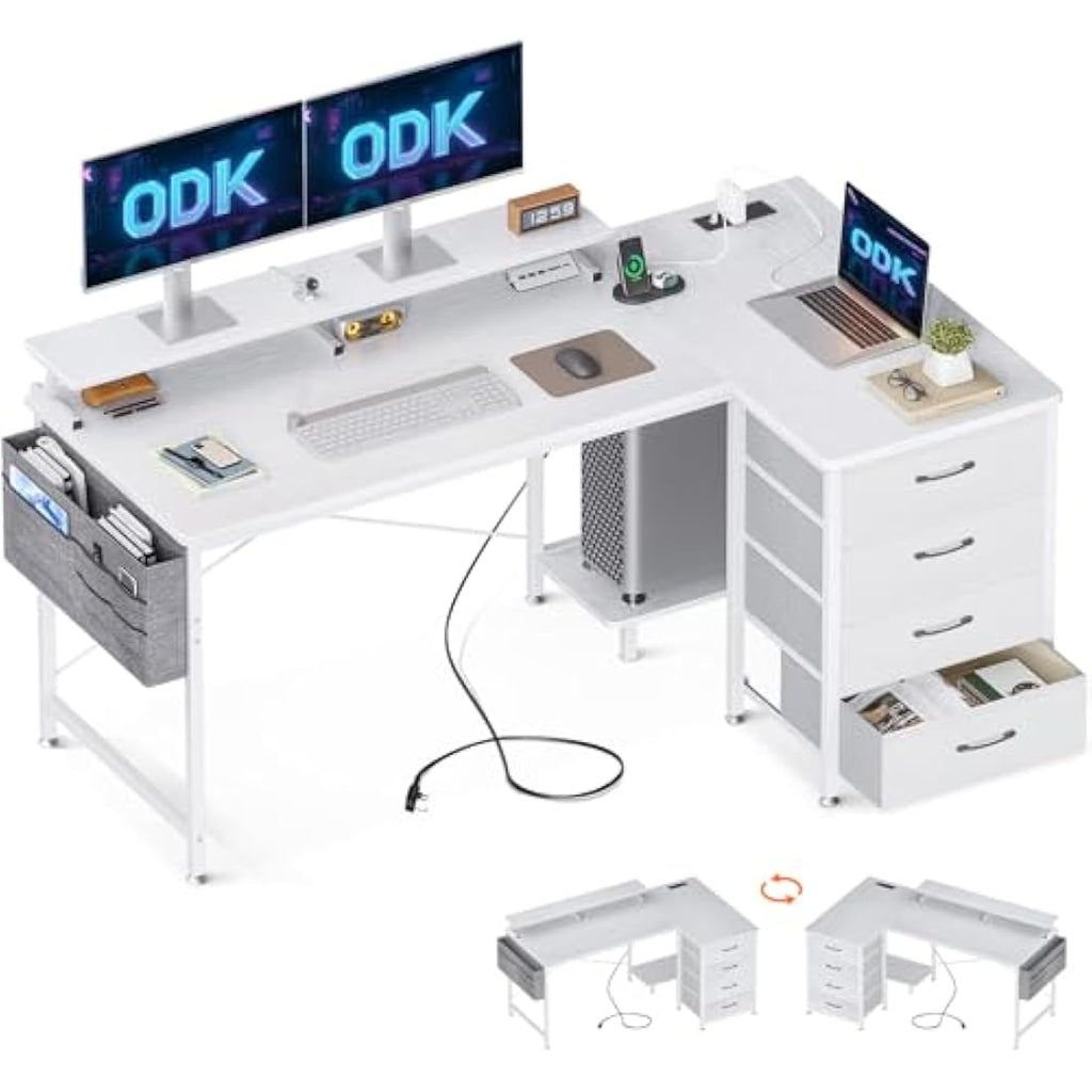 ODK L-Shaped Corner Desk with Drawers, Power Outlets & Monitor Stand - White