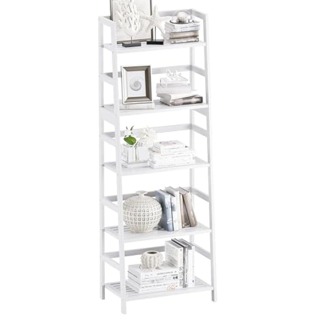 Vovala 5-Tier Bamboo Ladder Shelf – Modern Freestanding Bookcase, White
