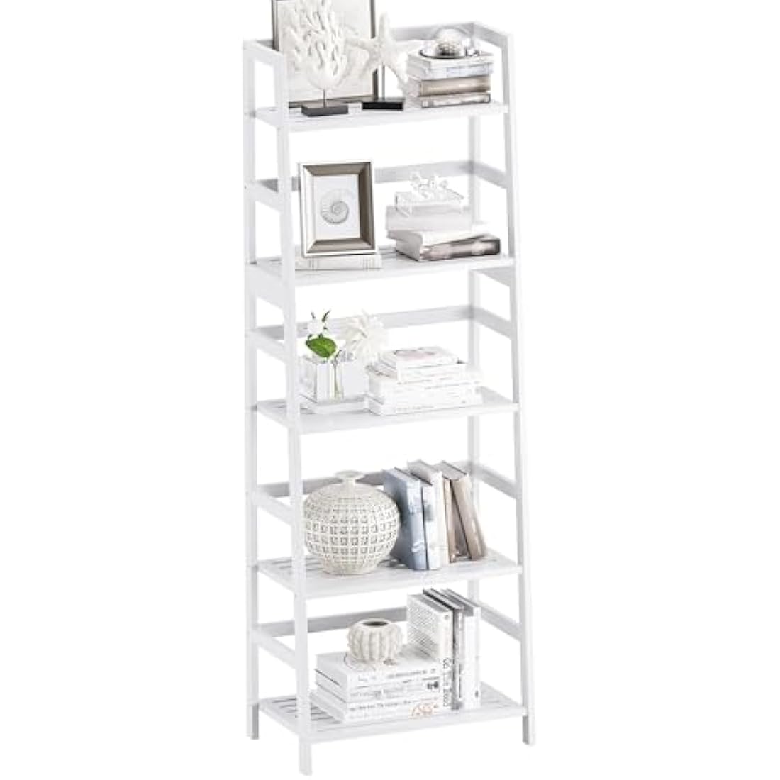 Vovala 5-Tier Bamboo Ladder Shelf – Modern Freestanding Bookcase, White