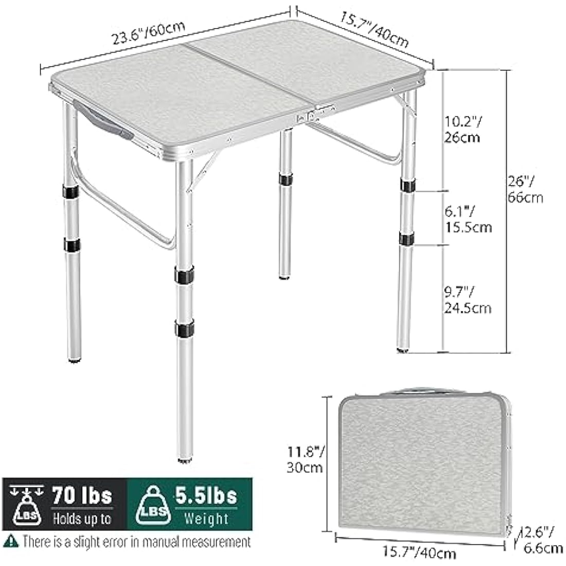 REDCAMP 2ft Folding Camping Table | 3 Adjustable Heights Aluminum Table