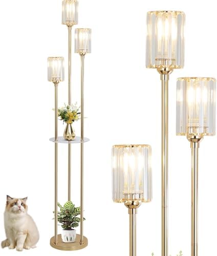 Rayofly Modern Gold Floor Lamp with Shelves | 3-Light Crystal Standing Lamp