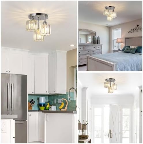 Rayofly Modern Crystal Chandelier – 3-Light Chrome Semi Flush Ceiling Light
