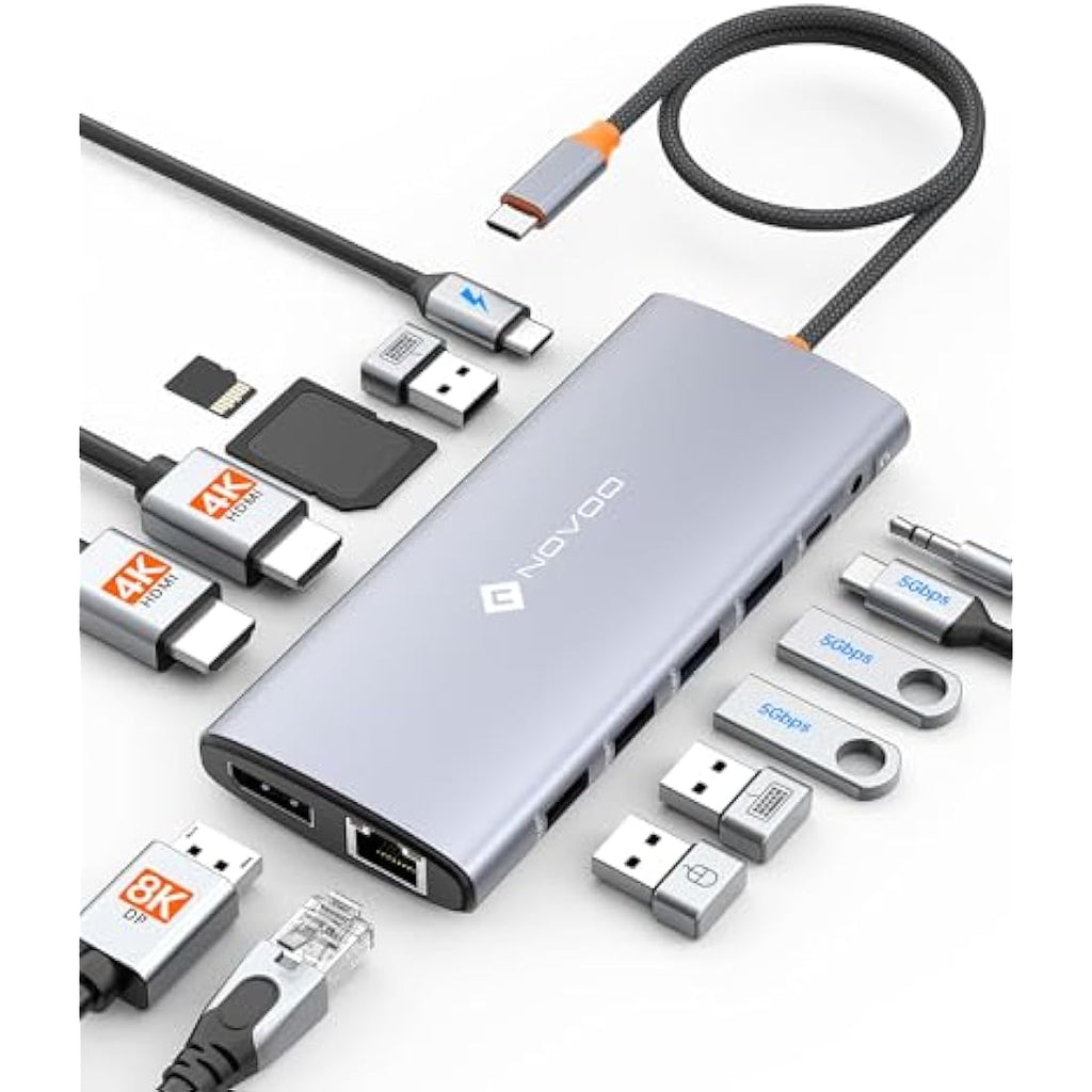 NOVOO 14-in-1 USB C Docking Station – Triple Display 8K DP Dual 4K HDMI