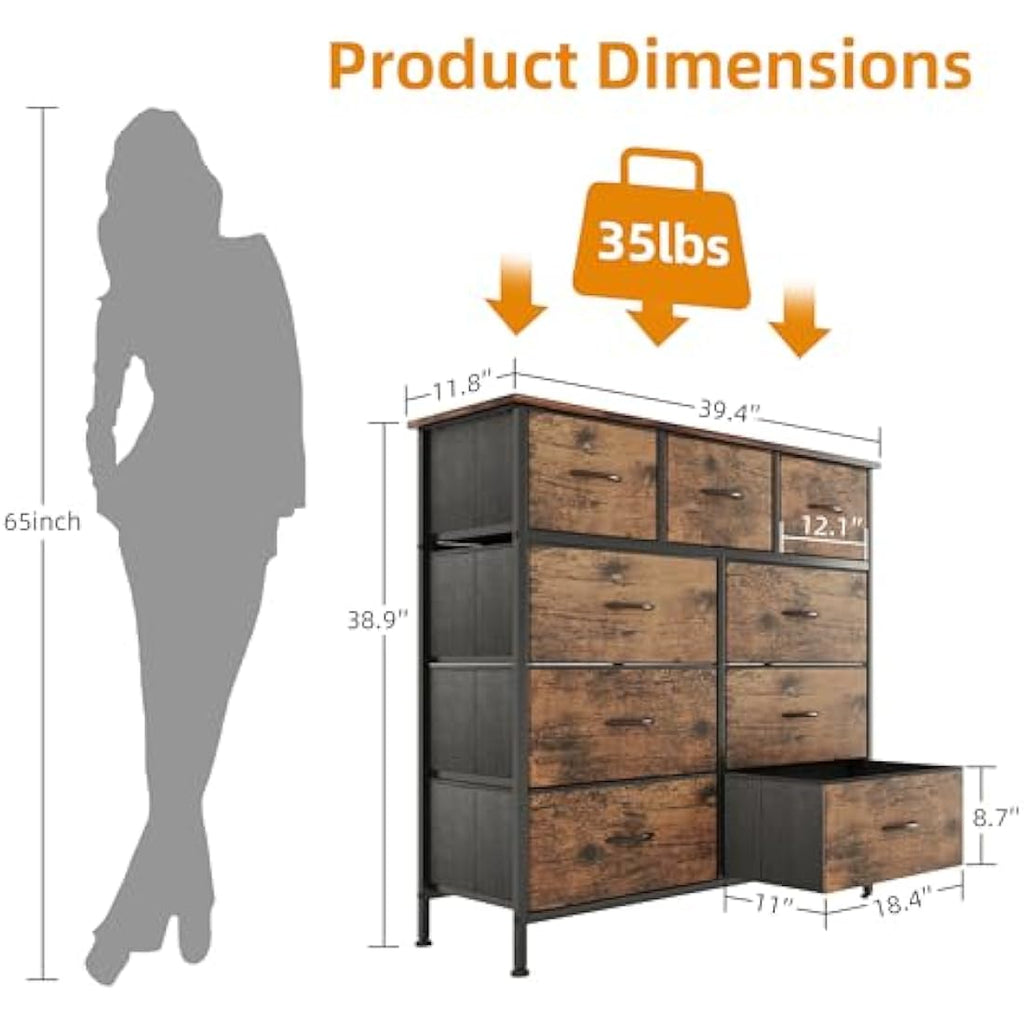 CAIYUN 9-Drawer Fabric Dresser | Rustic Brown Storage Chest for Bedroom