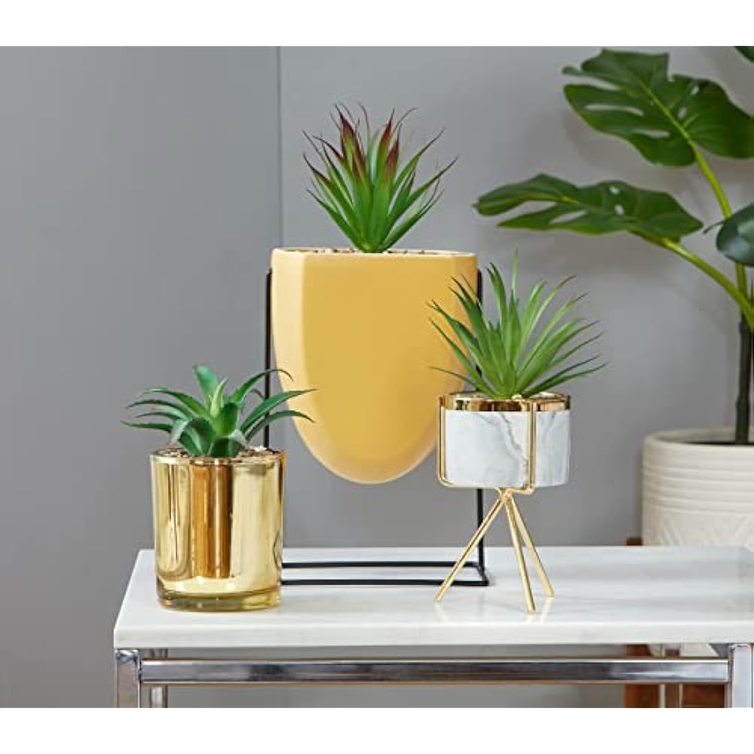 Sleepdown Halo Green Leaf Ochre Artificial Faux Plant with Stand