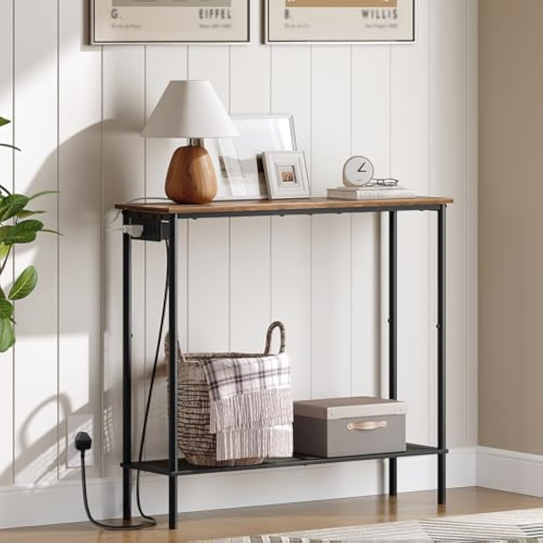 YATINEY Slim Console Table with Power Outlet | 2-Tier Sofa Table