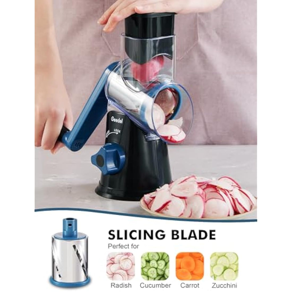 Geedel Rotary Cheese Grater | 3-Blade Manual Vegetable Slicer by Jolof