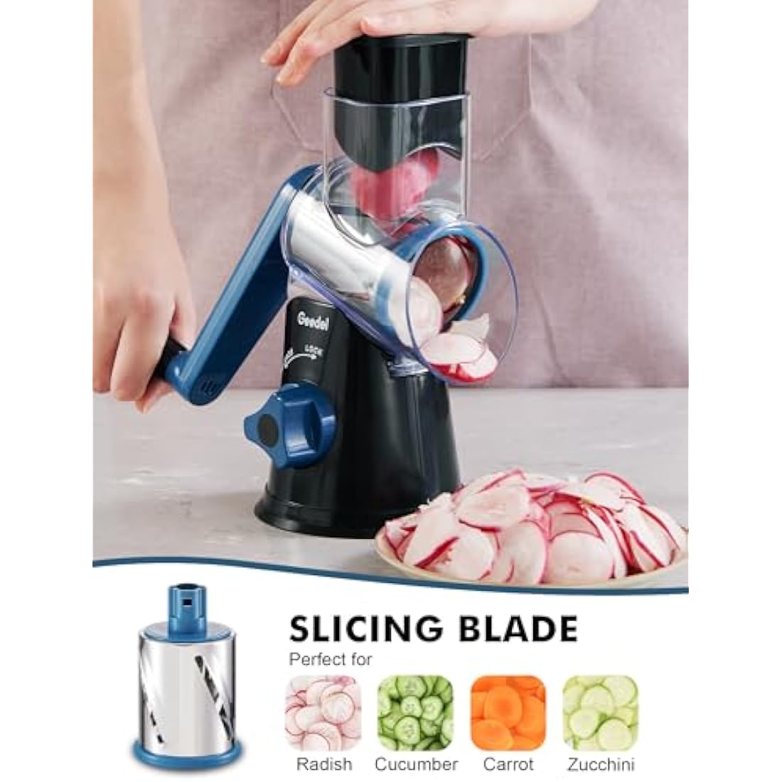 Geedel Rotary Cheese Grater | 3-Blade Manual Vegetable Slicer by Jolof