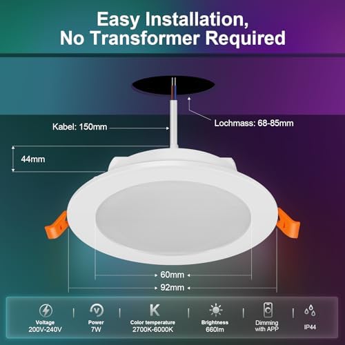 VARICART Smart RGB LED Downlights | IP44 Bathroom Alexa Spotlights | 6 Pcs