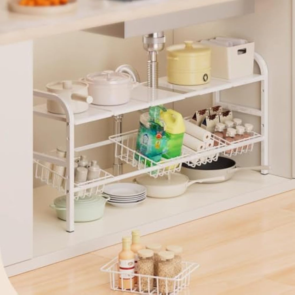 Jolof Store 2-Tier Under Sink Organiser – Expandable White Kitchen Shelf
