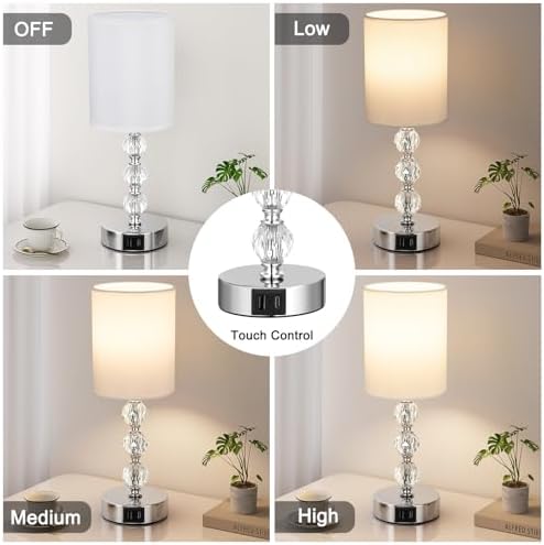 Aooshine Crystal Touch Bedside Lamp | 3-Way Dimmable with USB-C+A Ports