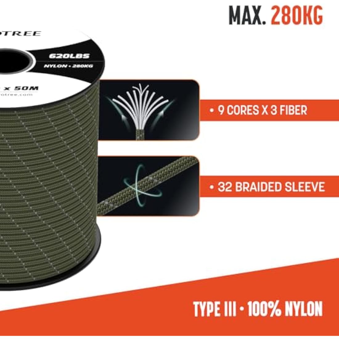 Brotree 4mm 9 Strand Nylon Paracord – 100M Reflective Utility Rope