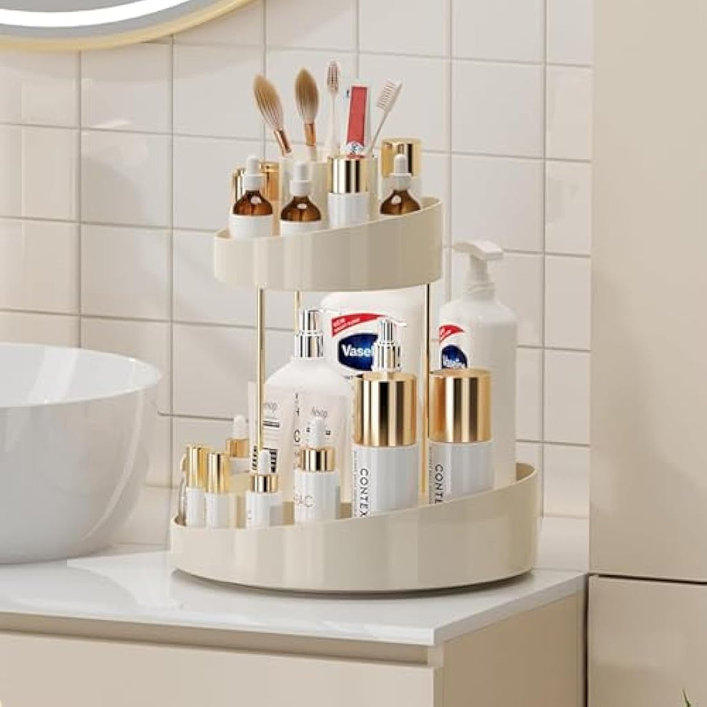 360° Rotating Makeup Organiser | 2-Tier Beige Cosmetic Rack
