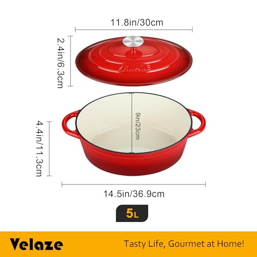 Velaze 5L Oval Enameled Cast Iron Dutch Oven – 30cm Non-Stick Pot, Red