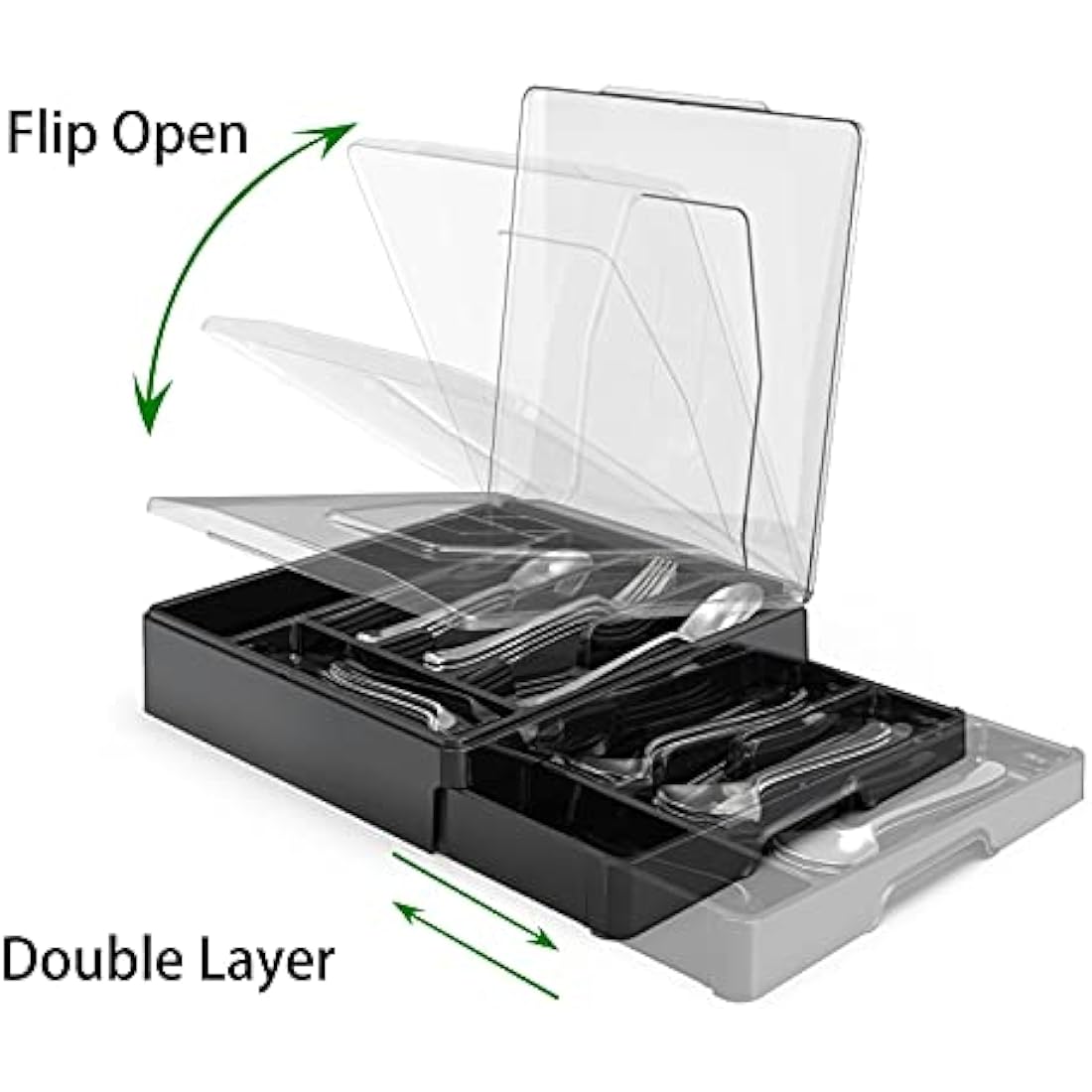 WURDON 2-Tier Silverware Organizer with Lid – 9 Compartment Cutlery Tray