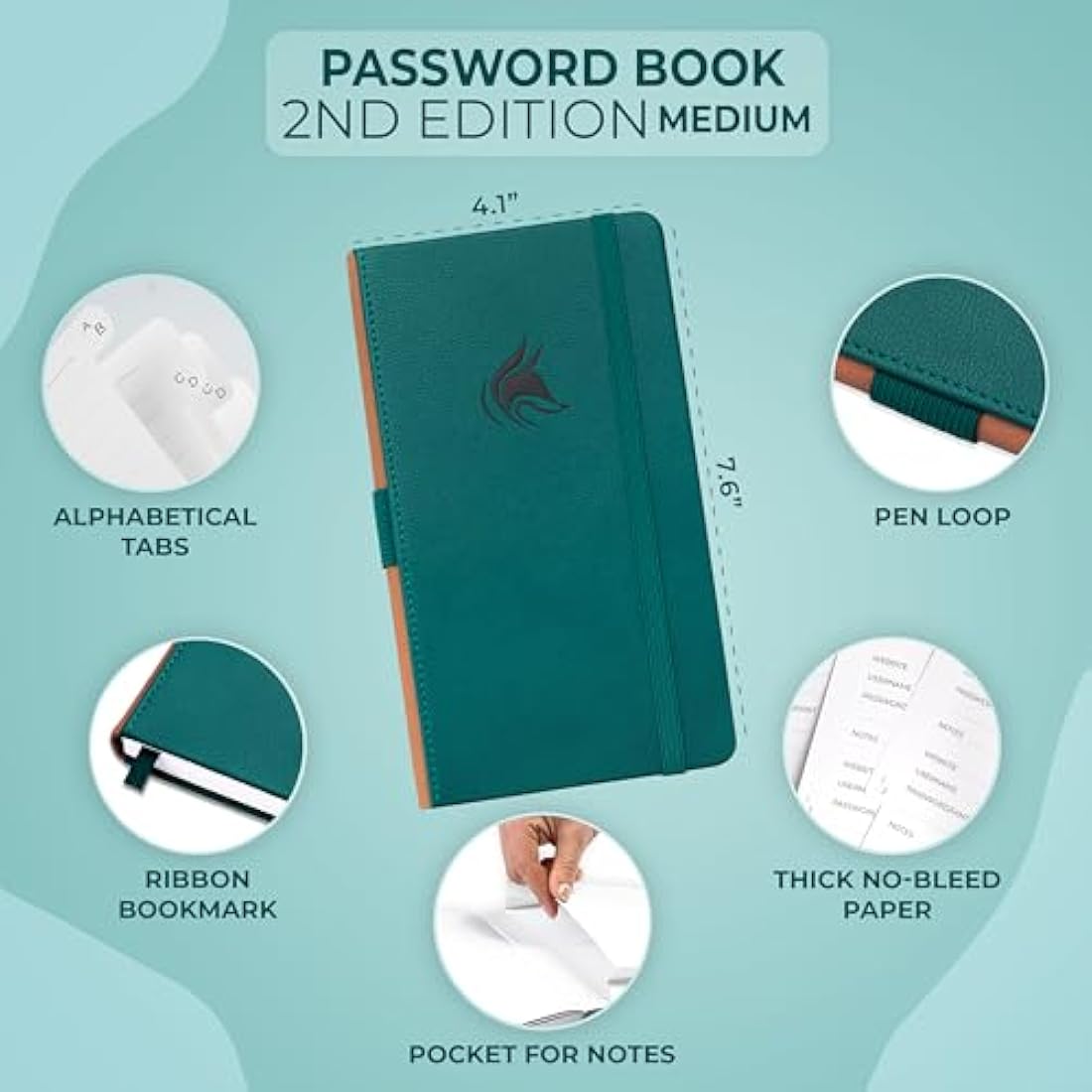 Clever Fox Password Book 2nd Edition - Hardcover Organizer, Dark Teal