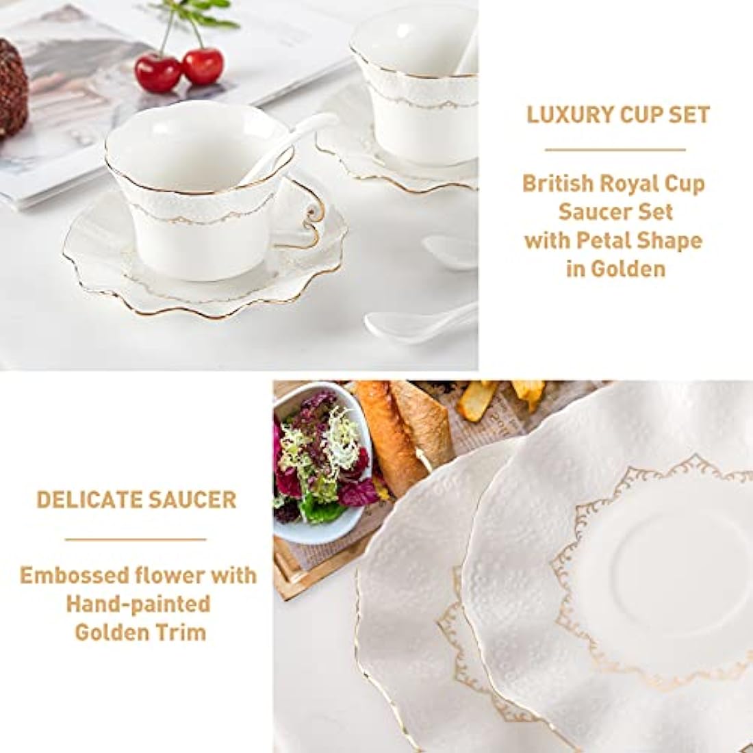 DUJUST Luxury Porcelain Tea Cups and Saucers Set of 6 with Metal Stand – White