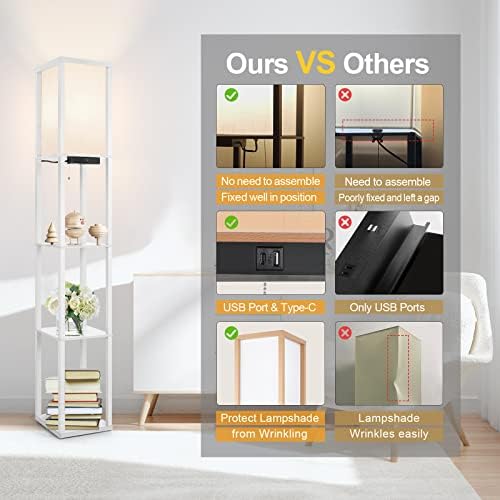 Outon LED Floor Lamp with Shelves – Dimmable Shelf Lamp with USB Ports