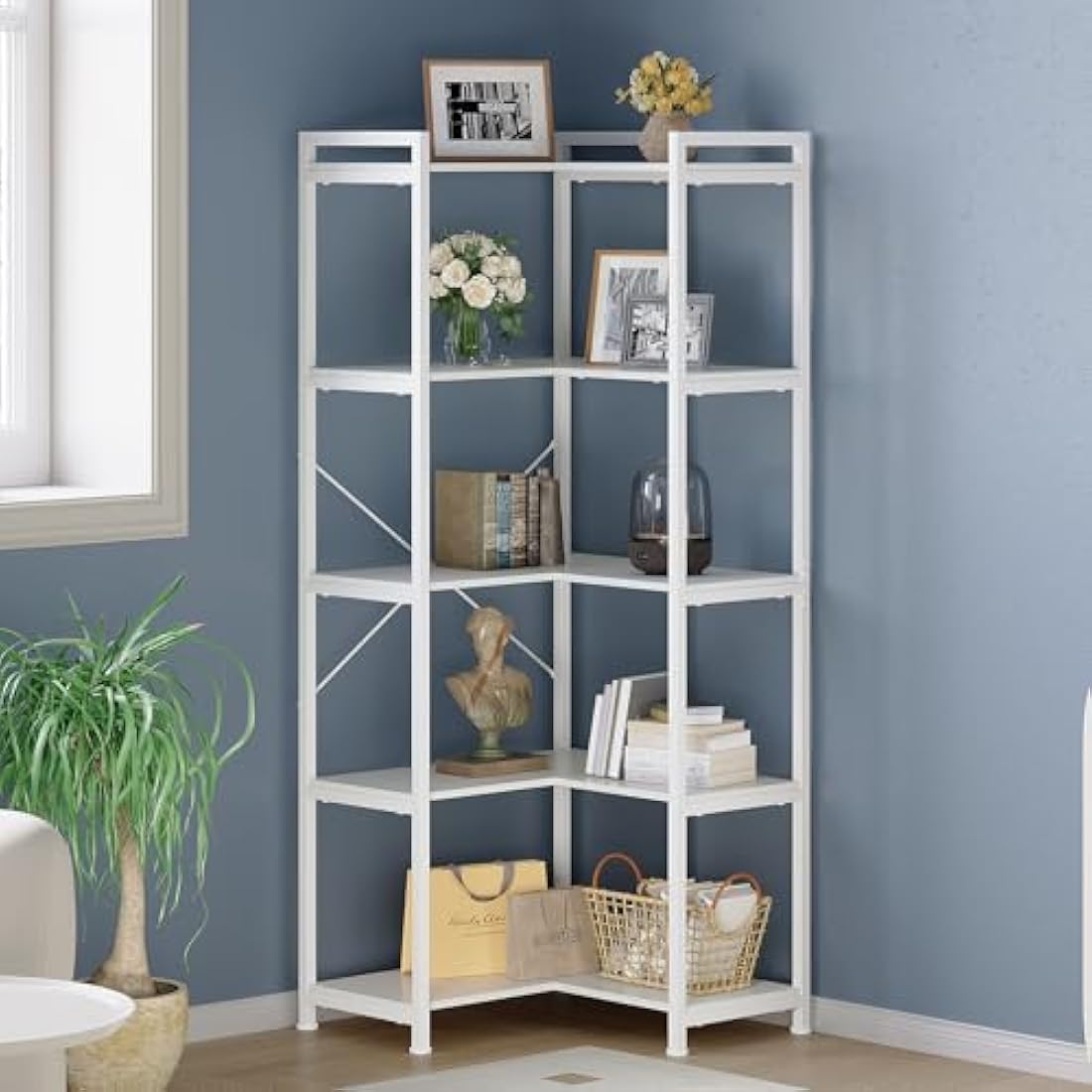 VEDECASA 5-Tier Corner Bookshelf – L-Shaped Industrial Display Rack, White