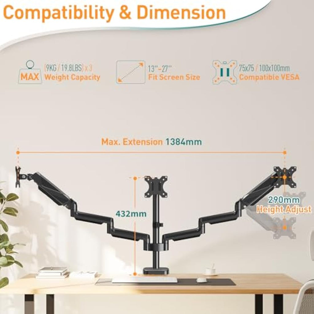 ELIVED Triple Monitor Arm – Gas Spring Desk Mount for 13-27 Inch Screens