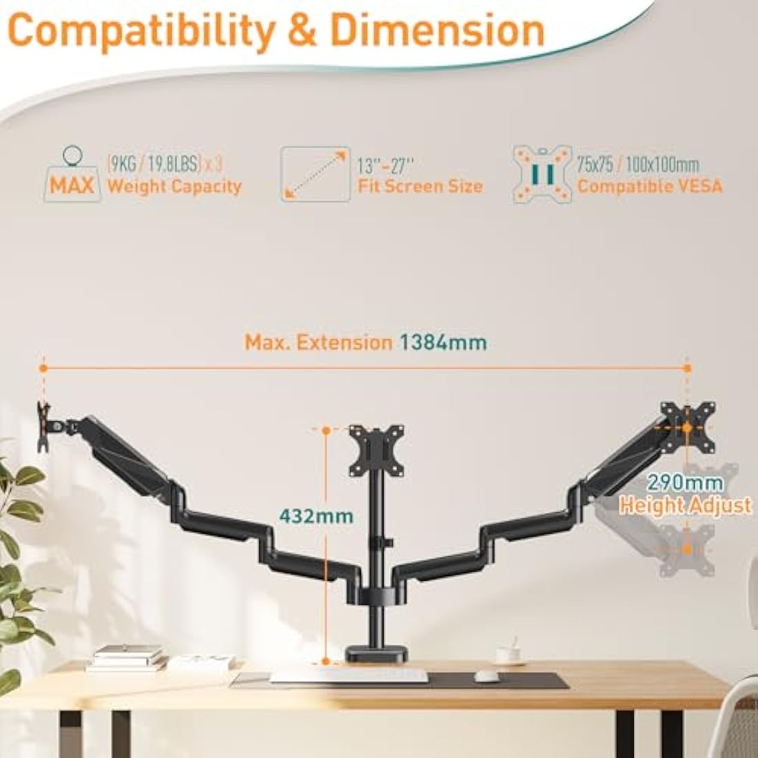 ELIVED Triple Monitor Arm – Gas Spring Desk Mount for 13-27 Inch Screens