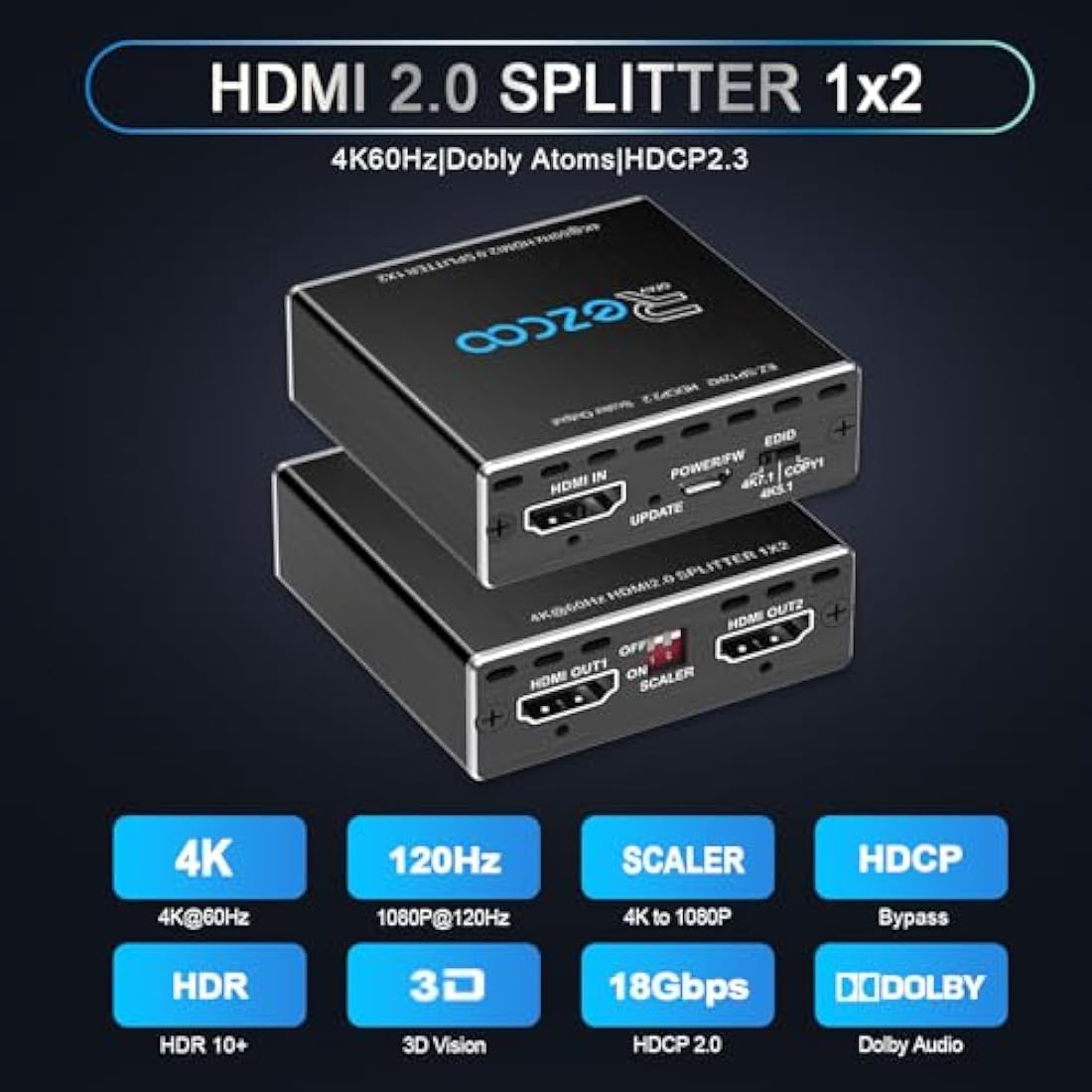 Jolof Store 4K 60Hz HDMI Splitter 1 in 2 Out | 1080P 120Hz Scaler & EDID