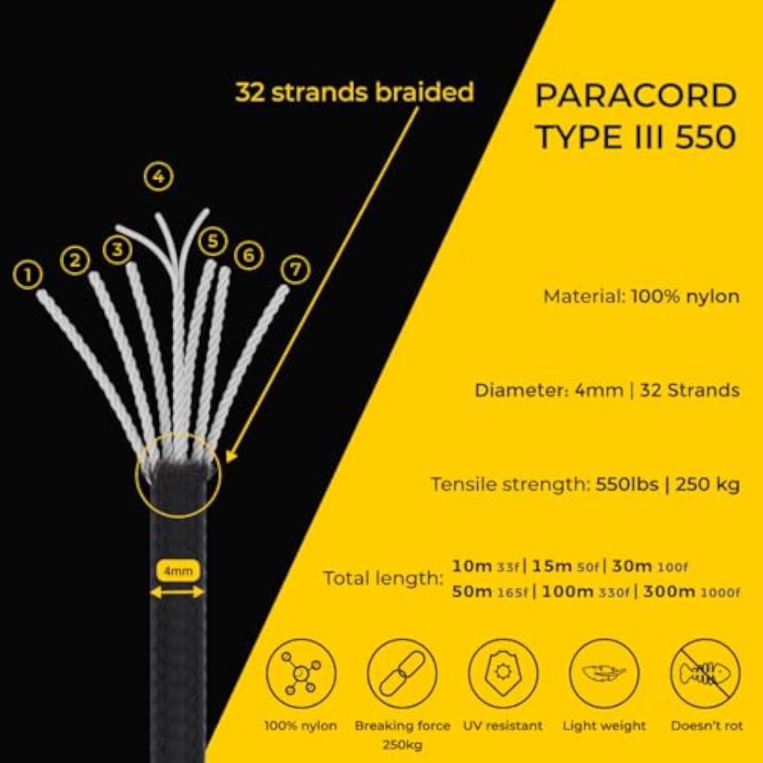 EdcX 550 Paracord Type III – 4mm Nylon Rope for DIY and Camping