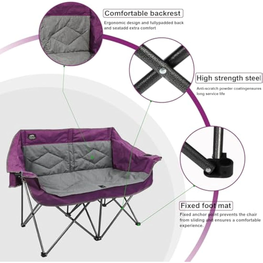 LANMOUNTAIN Folding Camping Loveseat – Heavy Duty Double Chair, Purple