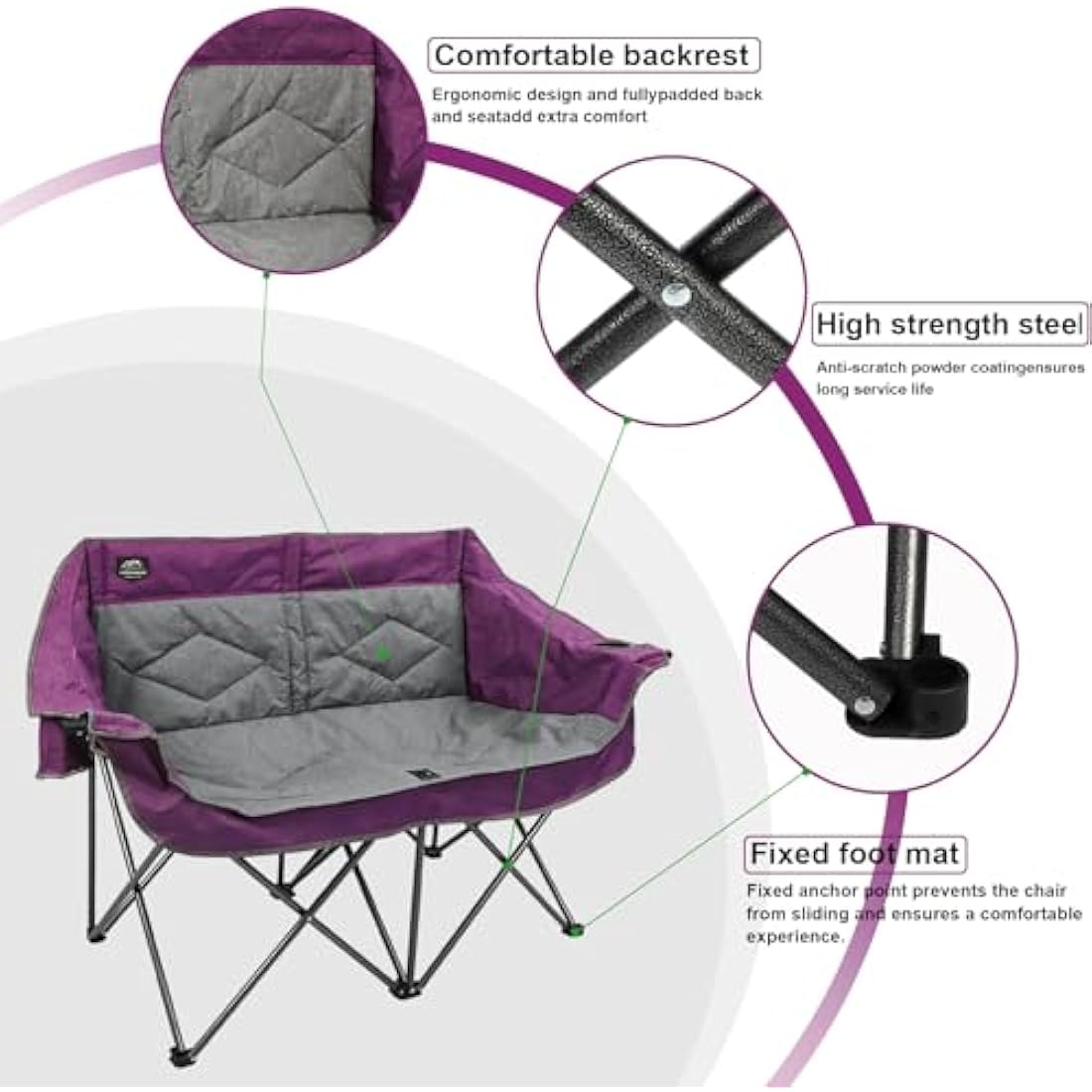 LANMOUNTAIN Folding Camping Loveseat – Heavy Duty Double Chair, Purple
